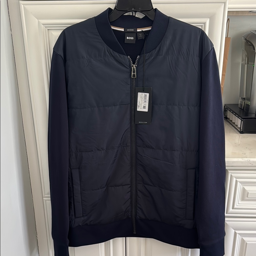 Boss Blue Bomber Jacket with Stand Collar